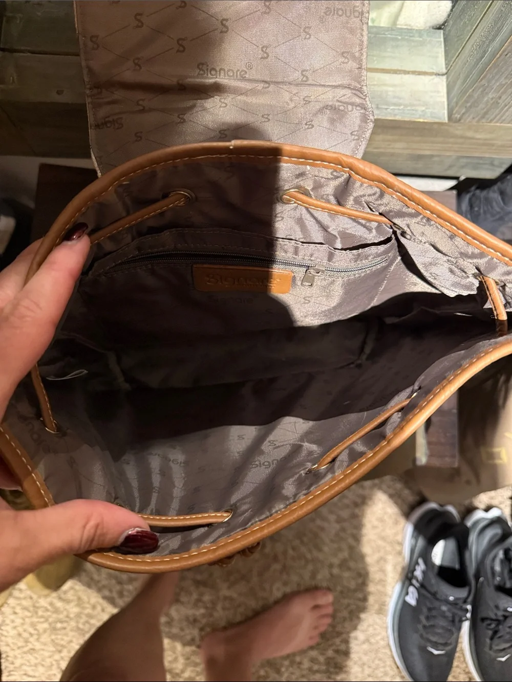 Canvas Drawstring Backpack in Cream with Tan Trim and Dog Print